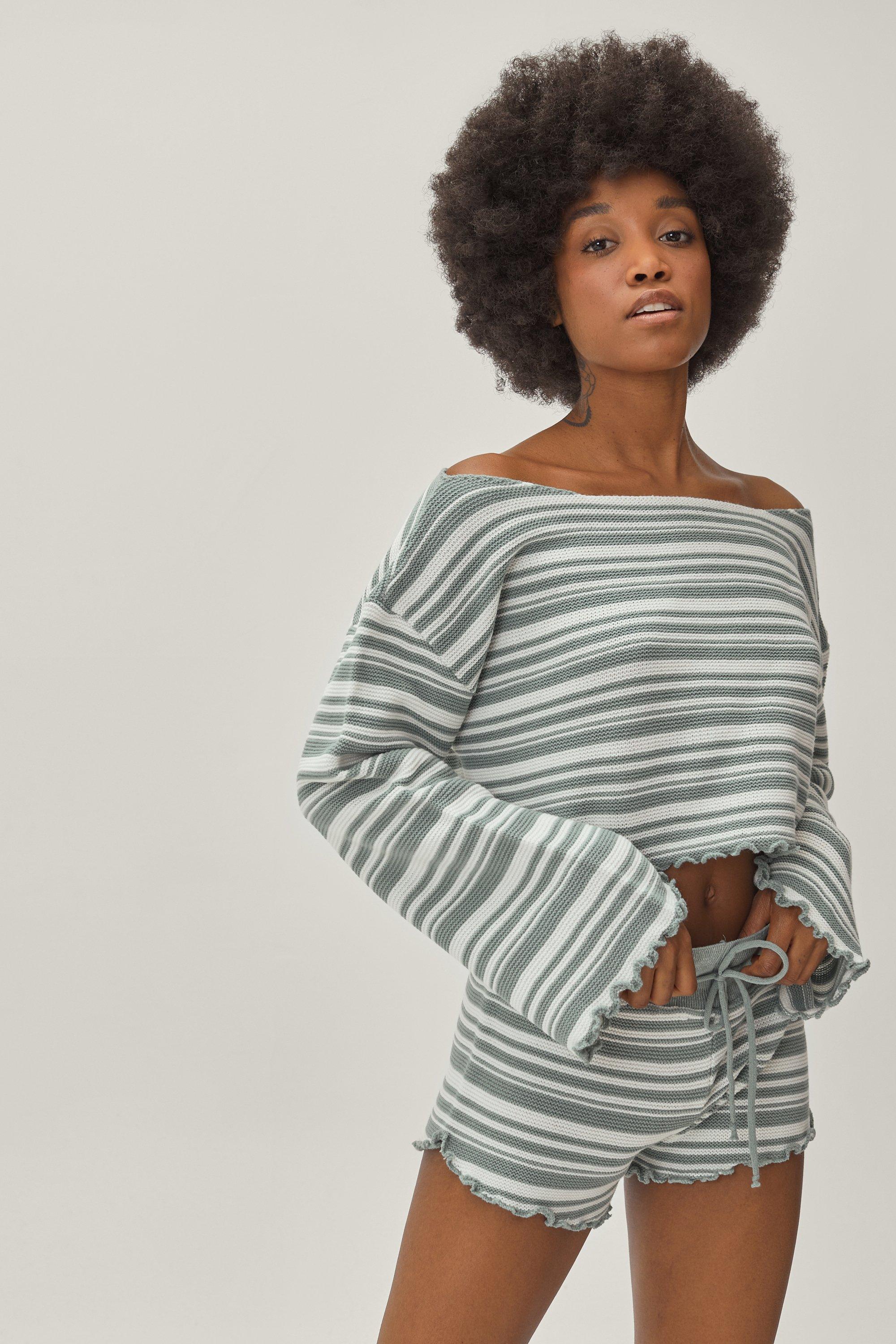 Petite Stripe Off the Shoulder Jumper and Shorts Lounge Set